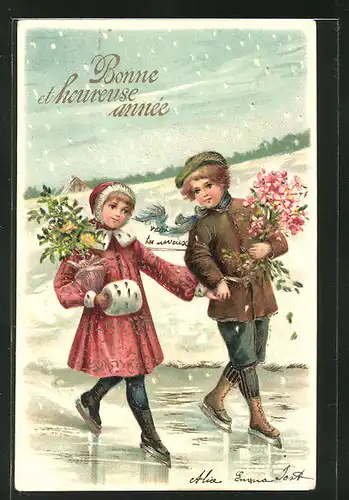 Präge-AK Kinder mit Schlittschuh & Blumen