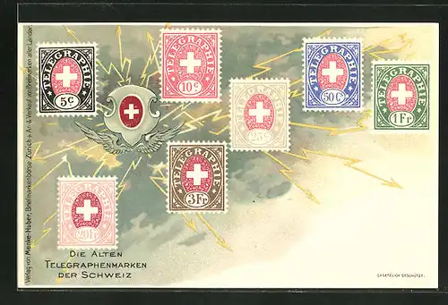 Lithographie Die alten Telegraphenmarken der Schweiz, Wappen mit Blitzen und Adlerschwingen