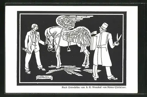 Künstler-AK sign. Mateo Christiani: Dem Pferd werden die Flügel gestutzt, "Die Kritik"