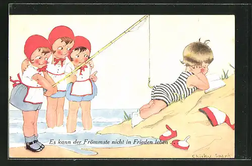Künstler-AK Chicky Spark: Mädchen angeln sich den kleinen Jungen am Strand