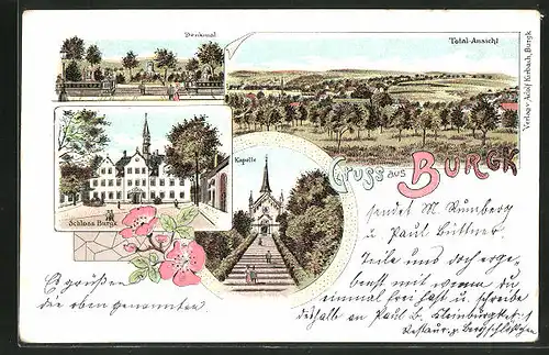 Lithographie Burgk, Schloss, Denkmal, Kapelle und Ortspanorama