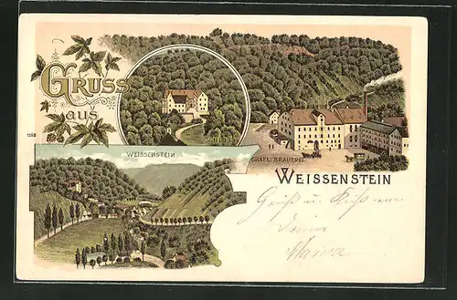 Lithographie Weissenstein, Schloss, Gräfl. Brauerei und Panorama