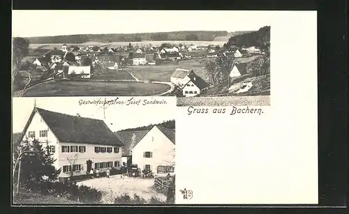 AK Bachern, Gasthaus von Josef Sandmeir, Ortspanorama