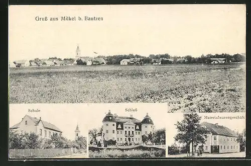 AK Milkel b. Bautzen, Materialwarengeschäft, Schule, Schloss