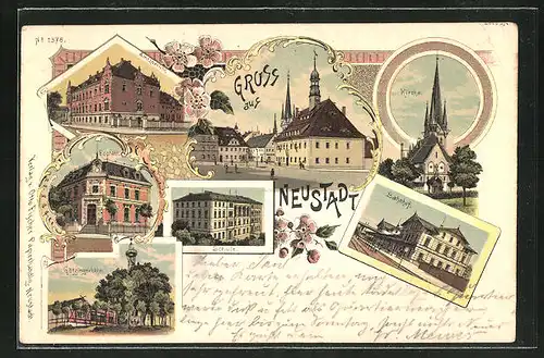 Lithographie Neustadt, Amtsgericht, Götzingerhöhe, Kirche, Bahnhof, Schule