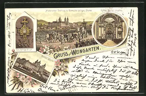 Lithographie Weingarten, Das heilige Blut, Kathol. Kirche, Kathol. Kirche-Innenansicht, Historischer Festzug