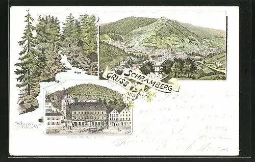 Lithographie Schramberg, Hotel Krone, Wasserfall im Lauterbachthal, Ortsansicht
