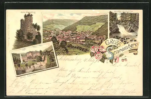 Lithographie Schramberg, Ruine Nippenburg, Gräfl. Schloss, Wasserfall Lauterbach-Thal, Ortsansicht