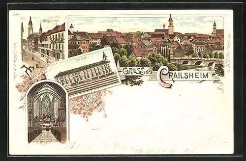 Lithographie Crailsheim, Lange Strasse, Johanneskirche, Bahnhof, Totalansicht