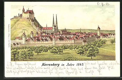Lithographie Herrenberg, Ortsansicht im Jahre 1643