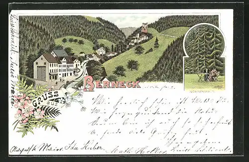 Lithographie Berneck, Panorama und Nonnenwald