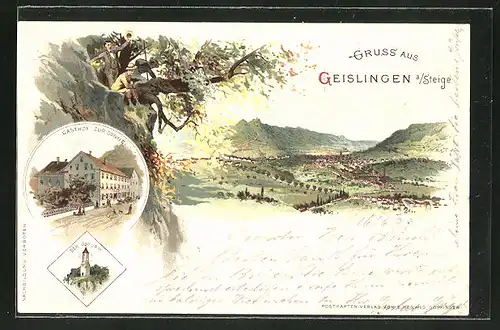 Lithographie Geislingen a. Steige, Totalansicht und Gasthof zur Sonne