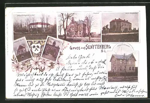 AK Senftenberg / N.-L., Schloss mit Wall, Post, Krankenhaus und Höhere Töchterschule