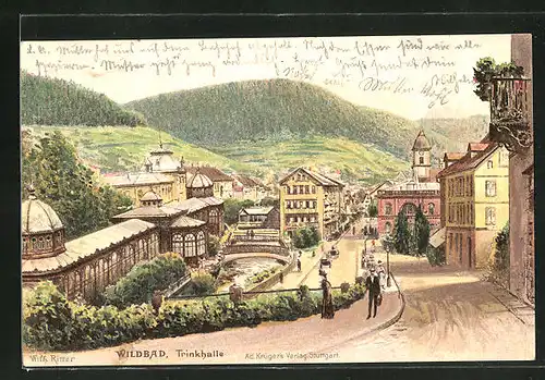 Künstler-Lithographie Wildbad, Ortspartie an der Trinkhalle mit Flusslauf