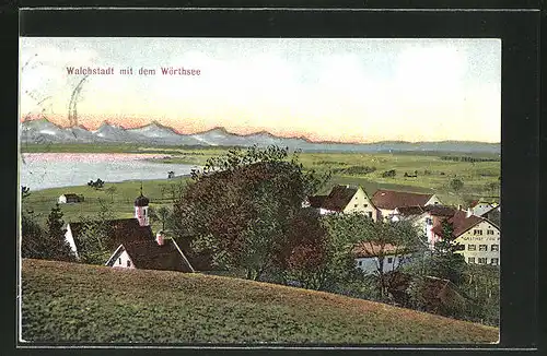 AK Walchstadt, Teilansicht mit Blick auf den Wörthsee und die Alpen