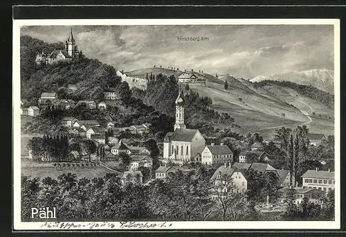 AK Pähl, Ortsansicht mit Blick auf Kirche und Hirschberg-Alm