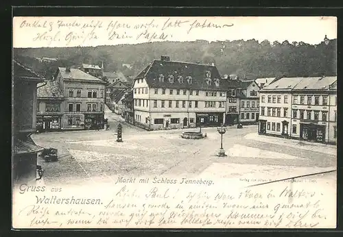 AK Waltershausen, Strasse am Markt und Schloss Tenneberg