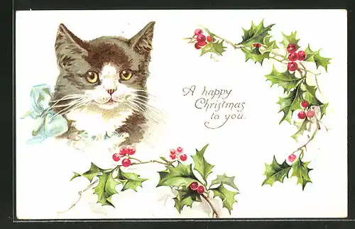 AK Katze mit blauer Schleife und Ilexzweigen, "Happy Christmas"