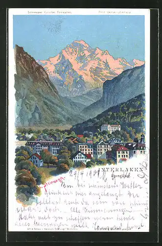 Künstler-Lithographie C. Steinmann: Interlaken, Alpenglühen