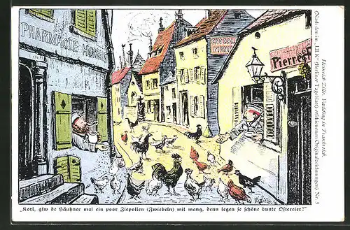 Künstler-AK Heinrich Zille: Soldaten füttern die Hühner mit Zwiebeln