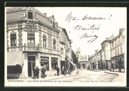 AK Youziers, La Belle Jardiniére et rue Chanzy