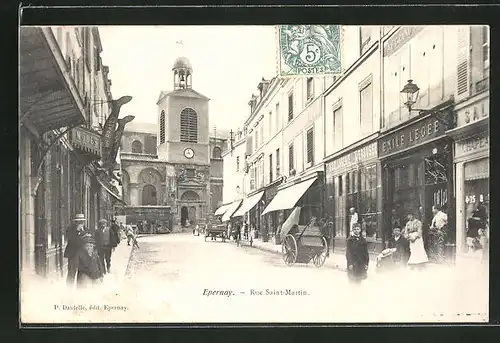 AK Epernay, Rue Saint-Martin, Strassenpartie mit Geschäften