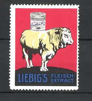 Reklamemarke Liebig's Fleisch-Extract, Rind mit Dose auf dem Rücken