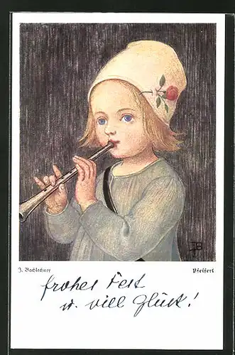 Künstler-AK Josef Bachlechner: Mädchen spielt auf der Flöte