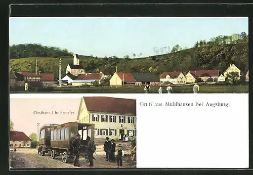 AK Mühlhausen, Panorama und Bus am Gasthaus Lindermeier