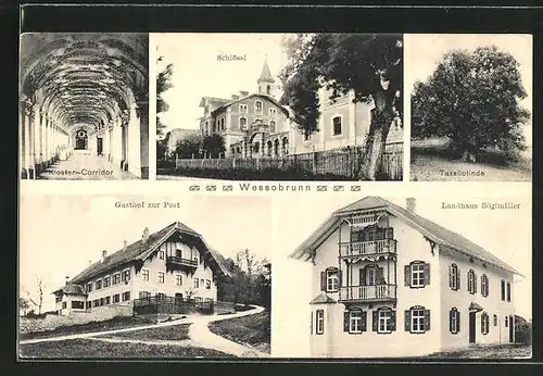 AK Wessobrunn, Landhaus Böglmiller, Gasthof zur Post, Tassilolinde und Schlössl