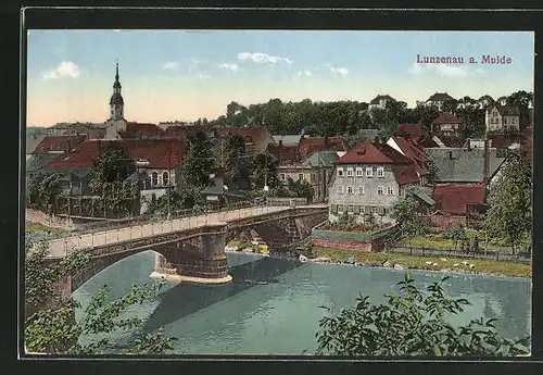 AK Lunzenau a. Mulde, Ortsansicht mit Brücke
