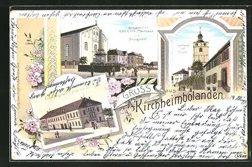 Lithographie Kirchheimbolanden, Erholungshaus und Präparandenschule, Amtsgericht und Kriegerdenkmal, Rathaus