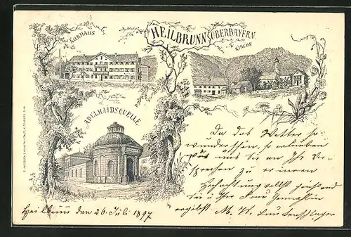 Lithographie Heilbrunn / Oberb., Kurhaus, Adelhaidsquelle, Kirche