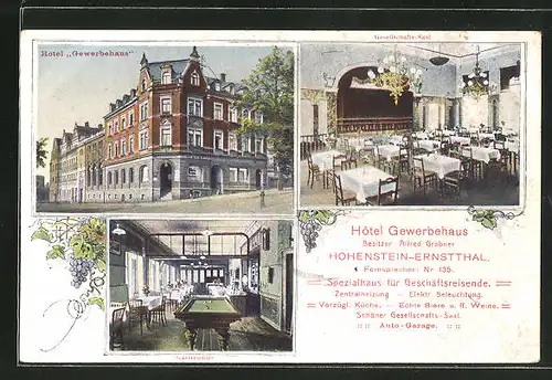 AK Hohenstein-Ernstthal, Innen- und Aussenansicht vom Hotel Gewerbehaus, Bes.: Alfred Grabner