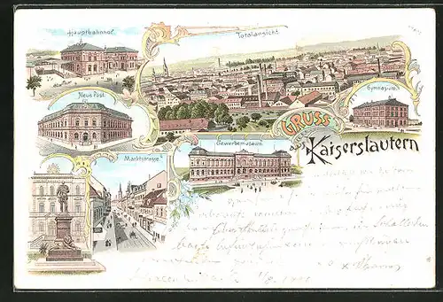 Lithographie Kaiserslautern, Totalansicht, Hauptbahnhof, Neue Post, Gymnasium, Marktstrasse