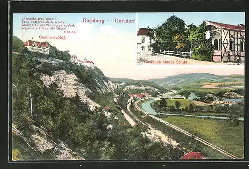 AK Dornburg-Dornhof, Gasthaus blaues Schild, Ortsansicht mit Goethe-Schloss