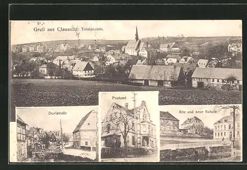 AK Clausnitz, Dorfstrasse, Postamt, Alte und neue Schule