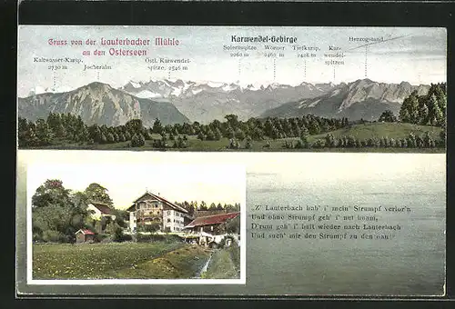 AK Seeshaupt, Gasthaus Lauterbacher Mühle, Panorama Karwendel-Gebirge