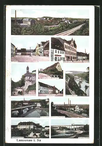 AK Lunzenau i.Sa., Marktplatz, Rathaus, Weberei und Paperfabrik
