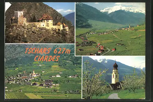 AK Tschars / Ciardes, Panoramablick auf das Dorf, Burg