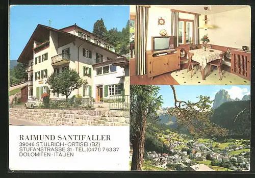 AK St. Ulrich, - Ortisei, Hotel Haus Raimund Santifaller von Fam. Berger, VW Käfer