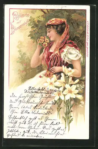 Duft-AK Schöne Frau in Tracht riecht an Blumen, Weisse Lilien
