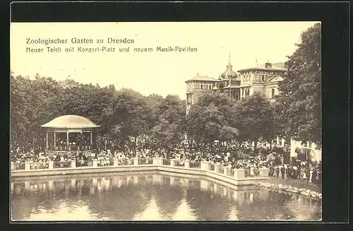 AK Dresden, Zoologischer Garten, Neuer Teich mit Konzert-Platz & neuem Musik-Pavillon