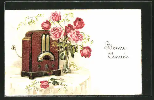 Lithographie Radio mit Blumenstrauss auf einem Tisch, "Bonne Année"
