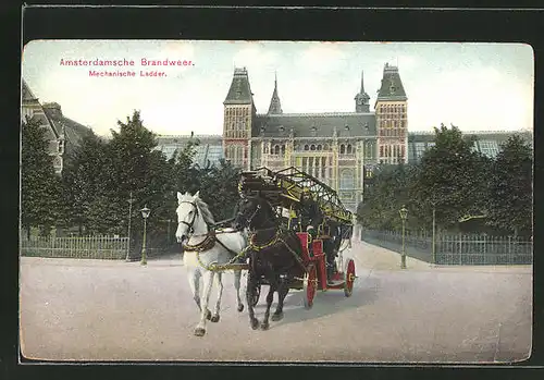 AK Amsterdam, Feuerwehr, Pferde mit Leiterwagen