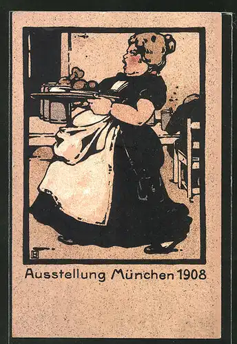 Künstler-AK Ludwig Hohlwein: München, Aussstellung 1908, Serviererin, Oberin, Schankmaid
