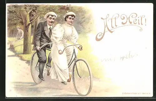 AK Liebespaar fährt auf einem Tandem-Fahrrad