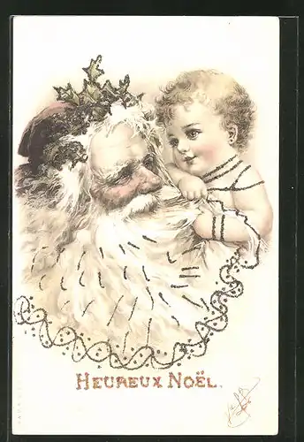 AK Weihnachtsmann mit vollem weissem Bart hält kleines Mädchen auf dem Arm