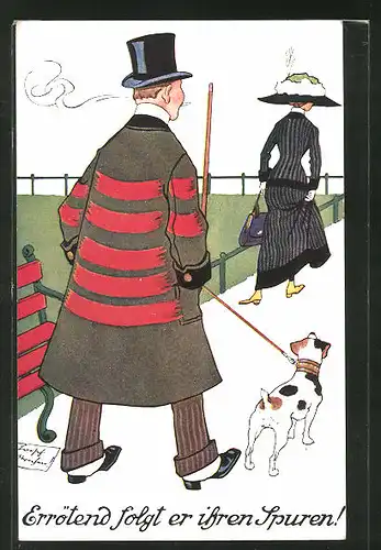 Künstler-AK Mann mit Zyliner und Hund folgt junger Dame mit Hut