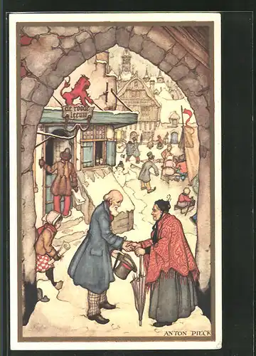 Künstler-AK Anton Pieck: Voor Het Kind 1938, Dorfleben im Winter mit Gasthaus und Schneemann